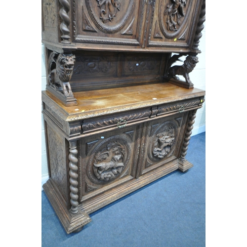 1271 - AN EARLY 20TH CENTURY FRENCH CARVED OAK BUFFET CABINET, each panel depicting either pheasants, fish,... 