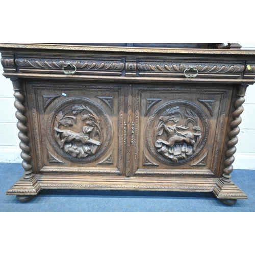 1271 - AN EARLY 20TH CENTURY FRENCH CARVED OAK BUFFET CABINET, each panel depicting either pheasants, fish,... 