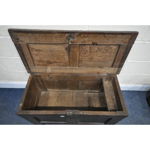 1273 - A GEORGIAN OAK PANELLED COFFER, width 97cm x depth 45cm x height 57cm (condition:- historical wear a... 