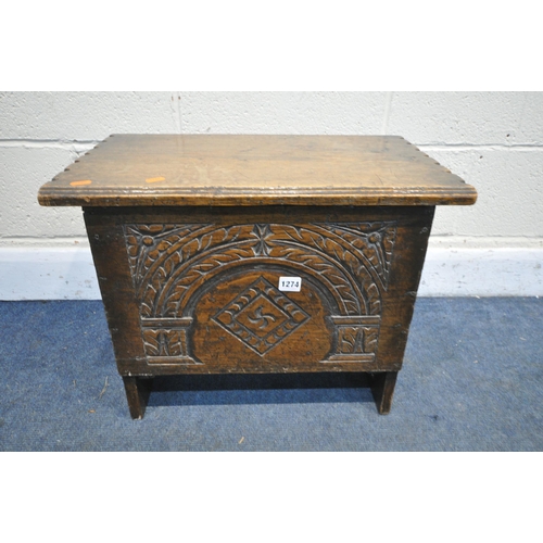 1274 - A REPRODUCTION OAK PANEL CHEST, with a carved front, width 56cm x depth x 34cm x height 44cm (condit... 