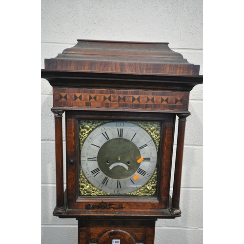 1287 - A GEORGIAN OAK, ROSEWOOD CROSSBANDED AND INLAID 8 DAY LONGCASE CLOCK, the stepped hood over turned p... 