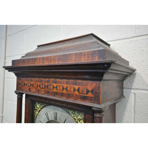 1287 - A GEORGIAN OAK, ROSEWOOD CROSSBANDED AND INLAID 8 DAY LONGCASE CLOCK, the stepped hood over turned p... 