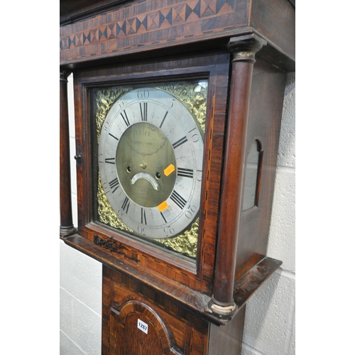 1287 - A GEORGIAN OAK, ROSEWOOD CROSSBANDED AND INLAID 8 DAY LONGCASE CLOCK, the stepped hood over turned p... 