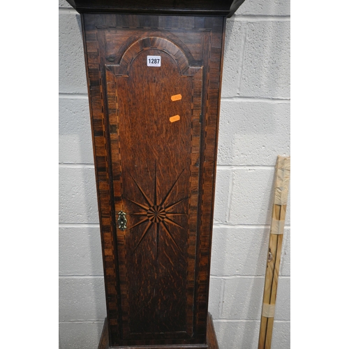 1287 - A GEORGIAN OAK, ROSEWOOD CROSSBANDED AND INLAID 8 DAY LONGCASE CLOCK, the stepped hood over turned p... 