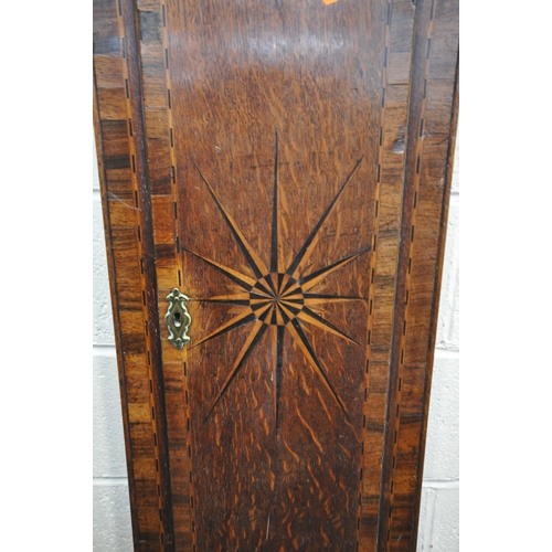 1287 - A GEORGIAN OAK, ROSEWOOD CROSSBANDED AND INLAID 8 DAY LONGCASE CLOCK, the stepped hood over turned p... 