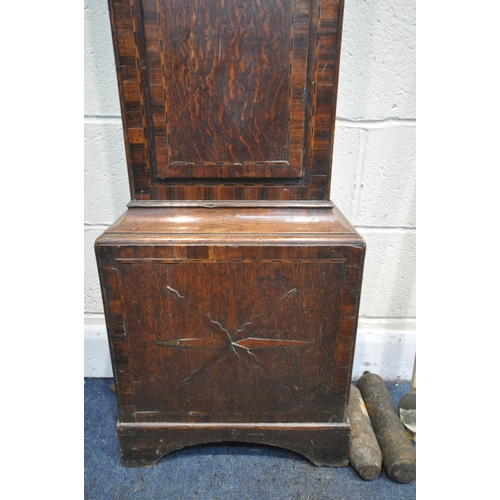 1287 - A GEORGIAN OAK, ROSEWOOD CROSSBANDED AND INLAID 8 DAY LONGCASE CLOCK, the stepped hood over turned p... 