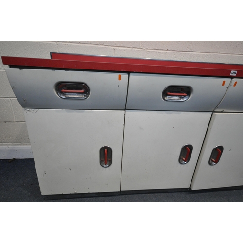 1289 - A 1950'S ENGLISH ROSE ENAMEL KITCHEN WORKTOP CABINET, with a red Formica work surface, four frieze d... 