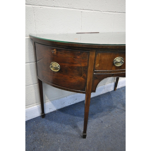 1290 - A GEORGIAN MAHOGANY DEMI LUNE SIDE TABLE, with a single drawer, flanked by cupboard doors, on square... 