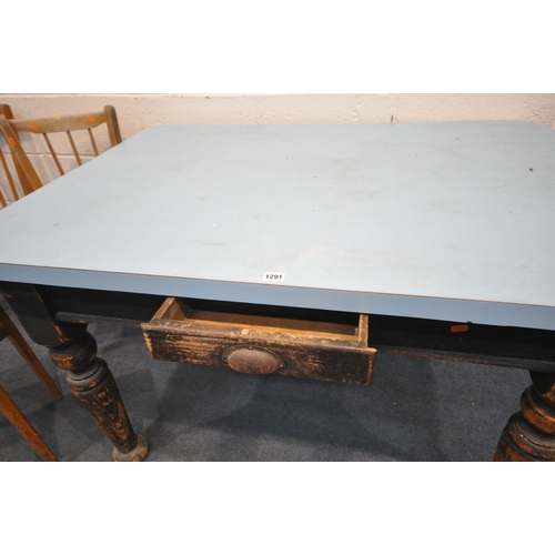 1291 - A 19TH CENTURY PINE KITCHEN TABLE, with a later Formica top and single drawer, length two chairs and... 