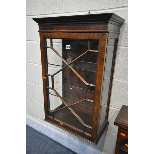 1292 - A 19TH CENTURY MAHOGANY HANGING DISPLAY CABINET, missing base, width 50cm x depth 28cm x height 76cm... 