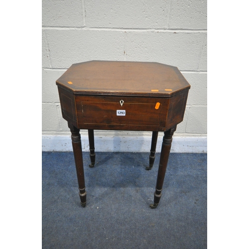 1293 - A GEORGIAN MAHOGANY AND CROSSBANDED WORK TABLE, the frame with canted corners, the lid enclosing a f... 