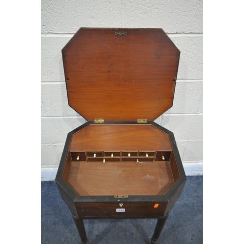 1293 - A GEORGIAN MAHOGANY AND CROSSBANDED WORK TABLE, the frame with canted corners, the lid enclosing a f... 