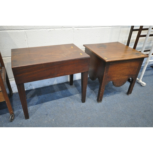 1294 - A GEORGIAN MAHOGANY COMMODE, a mahogany bidet, an oak trolley and three towel rails (condition:- gen... 