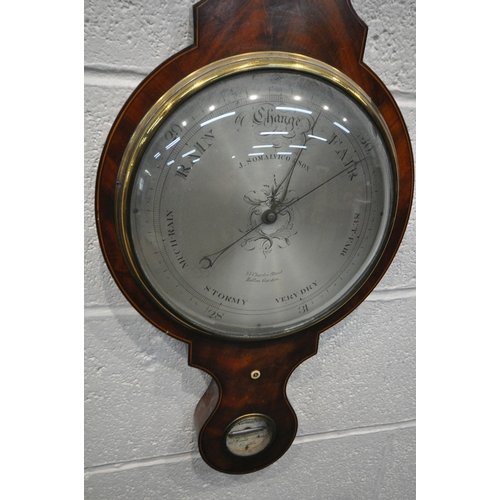 1296 - A GEORGE III FLAME MAHOGANY WHEEL BAROMETER, convex glass enclosing the dial  signed Joseph Somalvic... 