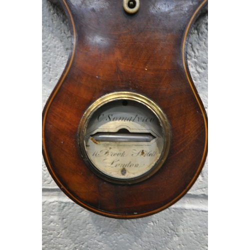 1296 - A GEORGE III FLAME MAHOGANY WHEEL BAROMETER, convex glass enclosing the dial  signed Joseph Somalvic... 