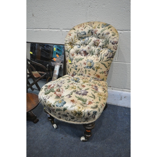 1299 - A LATE VICTORIAN NURSING CHAIR WITH FLORAL UPHOLSTERY, height 68cm, along with a miniature mahogany ... 