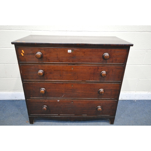 1309 - A GEORGIAN MAHOGANY CHEST OF DRAWERS, with four graduating drawers, each with turned handles on brac... 