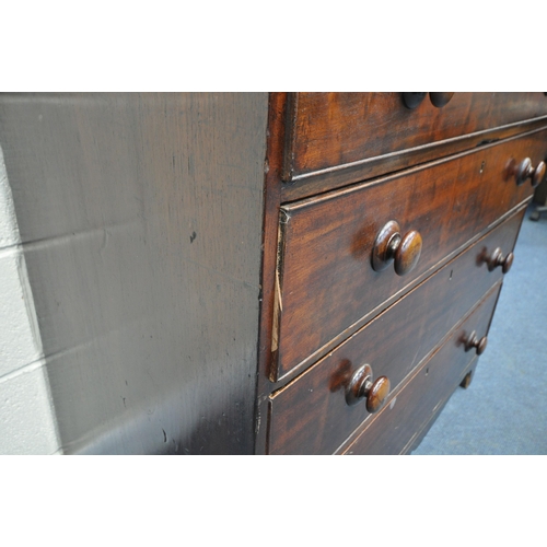 1309 - A GEORGIAN MAHOGANY CHEST OF DRAWERS, with four graduating drawers, each with turned handles on brac... 