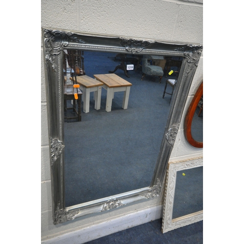 1316 - A FOLIATE SILVERED FRAMED BEVEL EDGE WALL MIRROR, width 74cm x height 104cm, along with two other mi... 