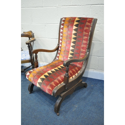 1318 - A EDWARDIAN MAHOGANY AMERICAN ROCKING CHAIR, along with an Edwardian corner and a bergère chair (Con... 