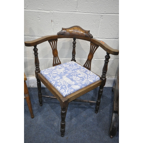 1318 - A EDWARDIAN MAHOGANY AMERICAN ROCKING CHAIR, along with an Edwardian corner and a bergère chair (Con... 