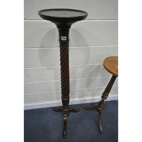 1324 - A VICTORIAN STYLE MAHOGANY TORCHERE STAND, on a barley twist support and tripod legs, height 138cm, ... 