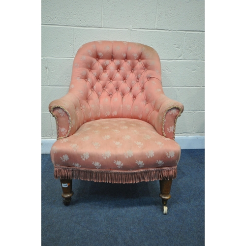 1332 - A LATE 19TH/EARLY 20TH CENTURY PINK UPHOLSTERED BUTTONED BEDROOM CHAIR, on oak legs and ceramic cast... 