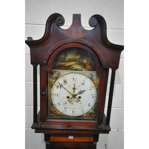 1333 - A GEORGIAN FLAME MAHOGANY 8 DAY LONGCASE CLOCK, the hood with a swan neck pediment and reeded pillar... 