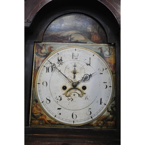 1333 - A GEORGIAN FLAME MAHOGANY 8 DAY LONGCASE CLOCK, the hood with a swan neck pediment and reeded pillar... 