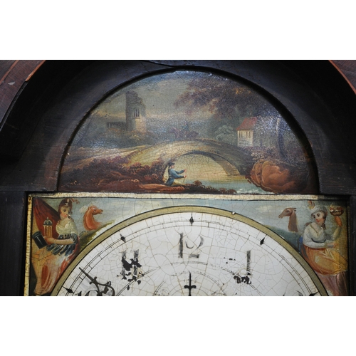 1333 - A GEORGIAN FLAME MAHOGANY 8 DAY LONGCASE CLOCK, the hood with a swan neck pediment and reeded pillar... 