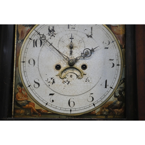 1333 - A GEORGIAN FLAME MAHOGANY 8 DAY LONGCASE CLOCK, the hood with a swan neck pediment and reeded pillar... 