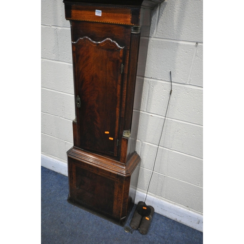 1333 - A GEORGIAN FLAME MAHOGANY 8 DAY LONGCASE CLOCK, the hood with a swan neck pediment and reeded pillar... 