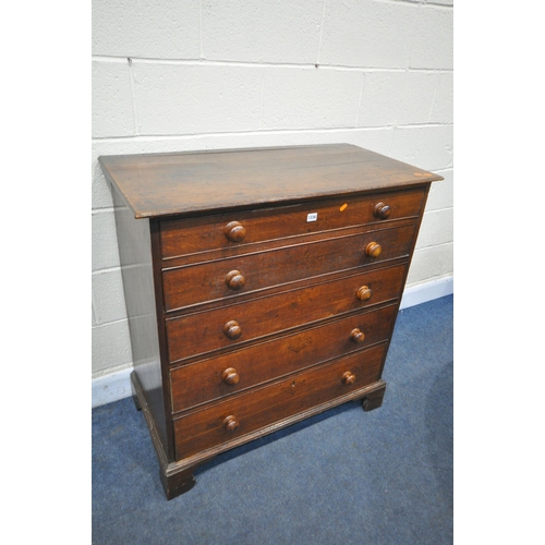 1337 - A GEORGIAN AND LATER OAK CHEST OF FIVE LONG GRADUATED DRAWERS, with turned handles on bracket feet, ... 