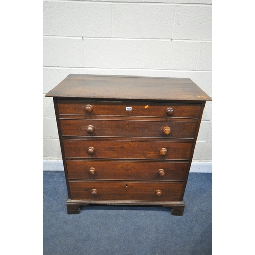 1337 - A GEORGIAN AND LATER OAK CHEST OF FIVE LONG GRADUATED DRAWERS, with turned handles on bracket feet, ... 