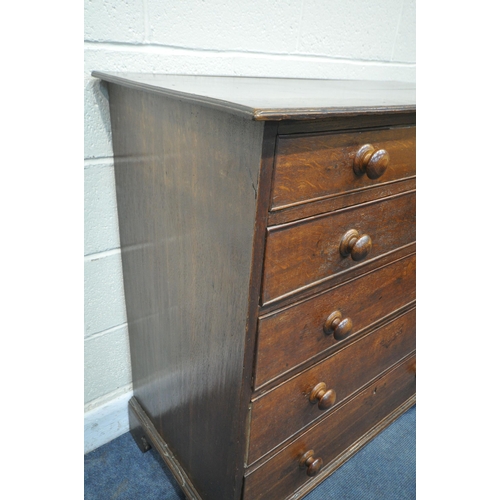 1337 - A GEORGIAN AND LATER OAK CHEST OF FIVE LONG GRADUATED DRAWERS, with turned handles on bracket feet, ... 