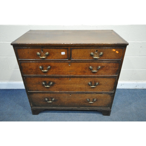 1338 - A  GEORGIAN OAK AND CROSS BANDED CHEST OF TWO SHORT OVER THREE LONG DRAWERS, with brass swan neck ha... 