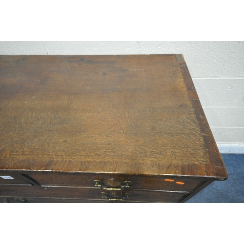 1338 - A  GEORGIAN OAK AND CROSS BANDED CHEST OF TWO SHORT OVER THREE LONG DRAWERS, with brass swan neck ha... 