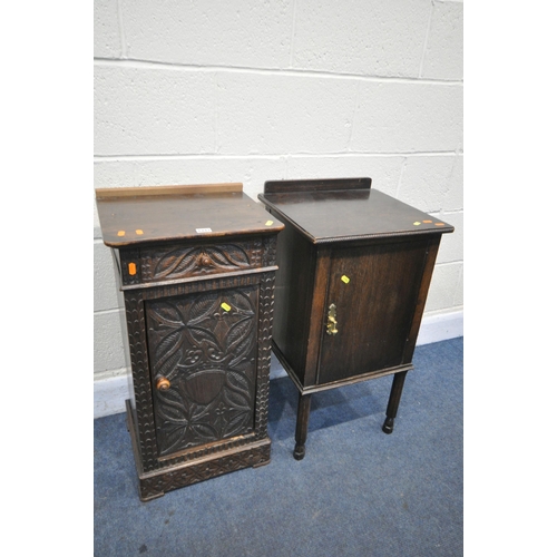 1343 - A CARVED OAK POT CUPBOARD, with a single drawer, an oak pot cupboard, and a painted pot cupboard (co... 