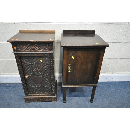 1343 - A CARVED OAK POT CUPBOARD, with a single drawer, an oak pot cupboard, and a painted pot cupboard (co... 