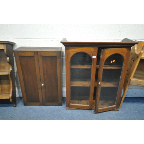 1347 - A SELECTION OF BOOKCASES/CABINETS, to include an oak glazed hanging bookcase, a panelled two door ca... 