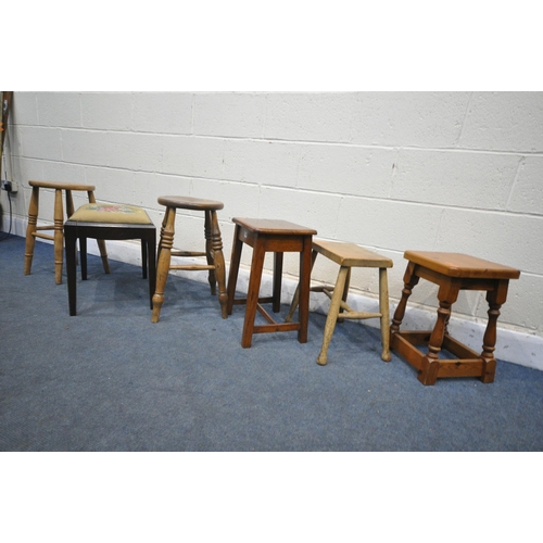 1348 - A SELECTION OF STOOLS, of various shapes ages and materials (condition:-aged wear and tear, spindle ... 