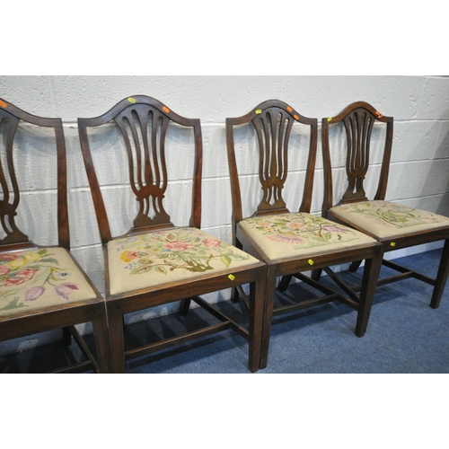 1355 - A SET OF FOUR GEORGIAN STYLE SPLAT BACK CHAIRS, with needle work drop in chairs, along with a simila... 