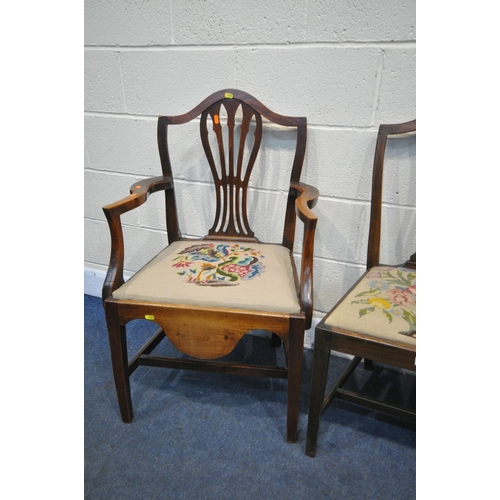 1355 - A SET OF FOUR GEORGIAN STYLE SPLAT BACK CHAIRS, with needle work drop in chairs, along with a simila... 