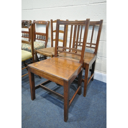 1356 - AN EDWARDIAN MAHOGANY NEEDLEWORK CHAIR, along with a three walnut bar back chairs, two elm Welsh cha... 