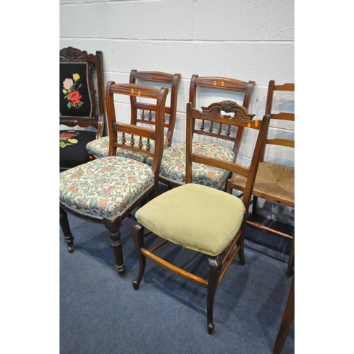 1356 - AN EDWARDIAN MAHOGANY NEEDLEWORK CHAIR, along with a three walnut bar back chairs, two elm Welsh cha... 