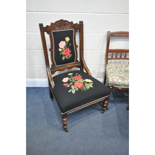 1356 - AN EDWARDIAN MAHOGANY NEEDLEWORK CHAIR, along with a three walnut bar back chairs, two elm Welsh cha... 