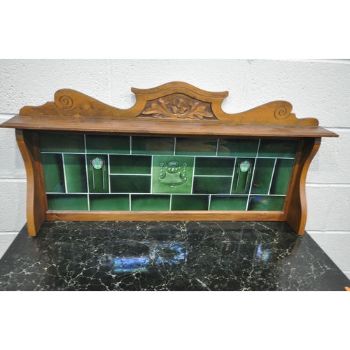 1364 - A EDWARDIAN SATINWOOD AND MARBILIZED SLATE WASHSTAND, with a green tiled back, width 107cm x 47cm x ... 