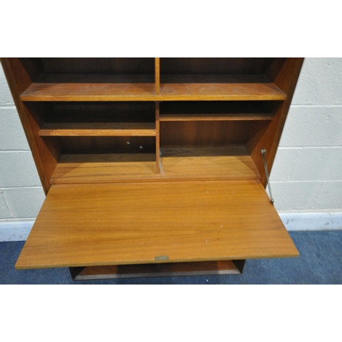 1365 - A MID CENTURY TEAK FALL FRONTED CABINET, surrounded by open shelves in two sections width 92cm x dep... 