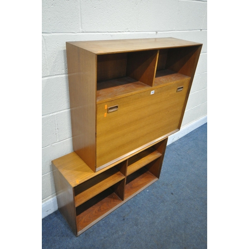 1365 - A MID CENTURY TEAK FALL FRONTED CABINET, surrounded by open shelves in two sections width 92cm x dep... 