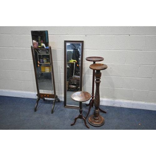 1370 - TWO HARDWOOD TORCHERE STANDS, a mahogany wine table, an oak cheval mirror, and a rectangular mirror ... 